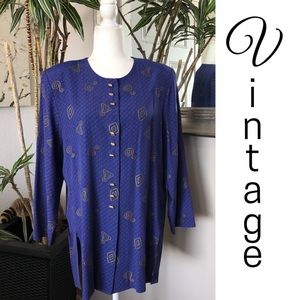 Vintage 90s Blue Button Front Rayon Tunic Top L/XL
